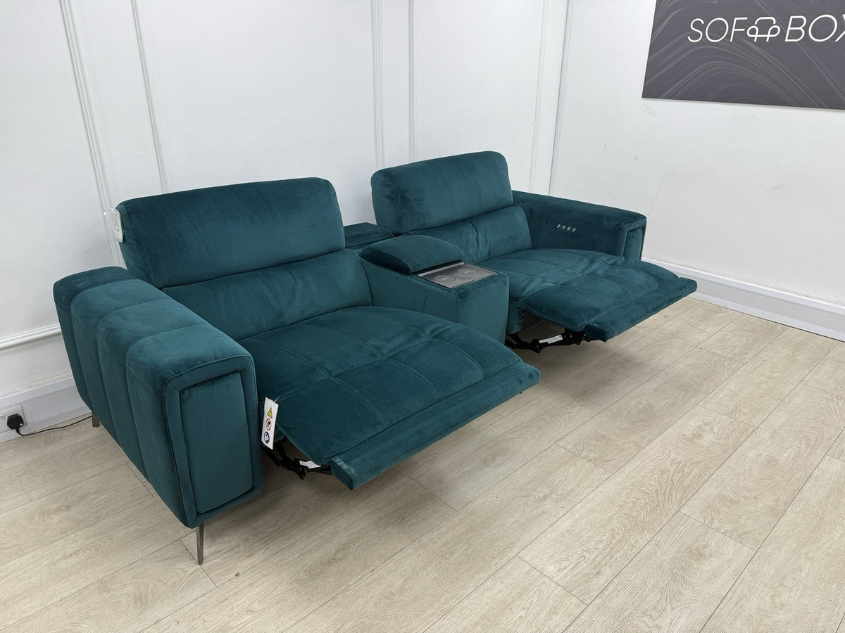DFS Showcase 3 Seater Power Recliner Cinema Sofa In Teal Velvet Fabric