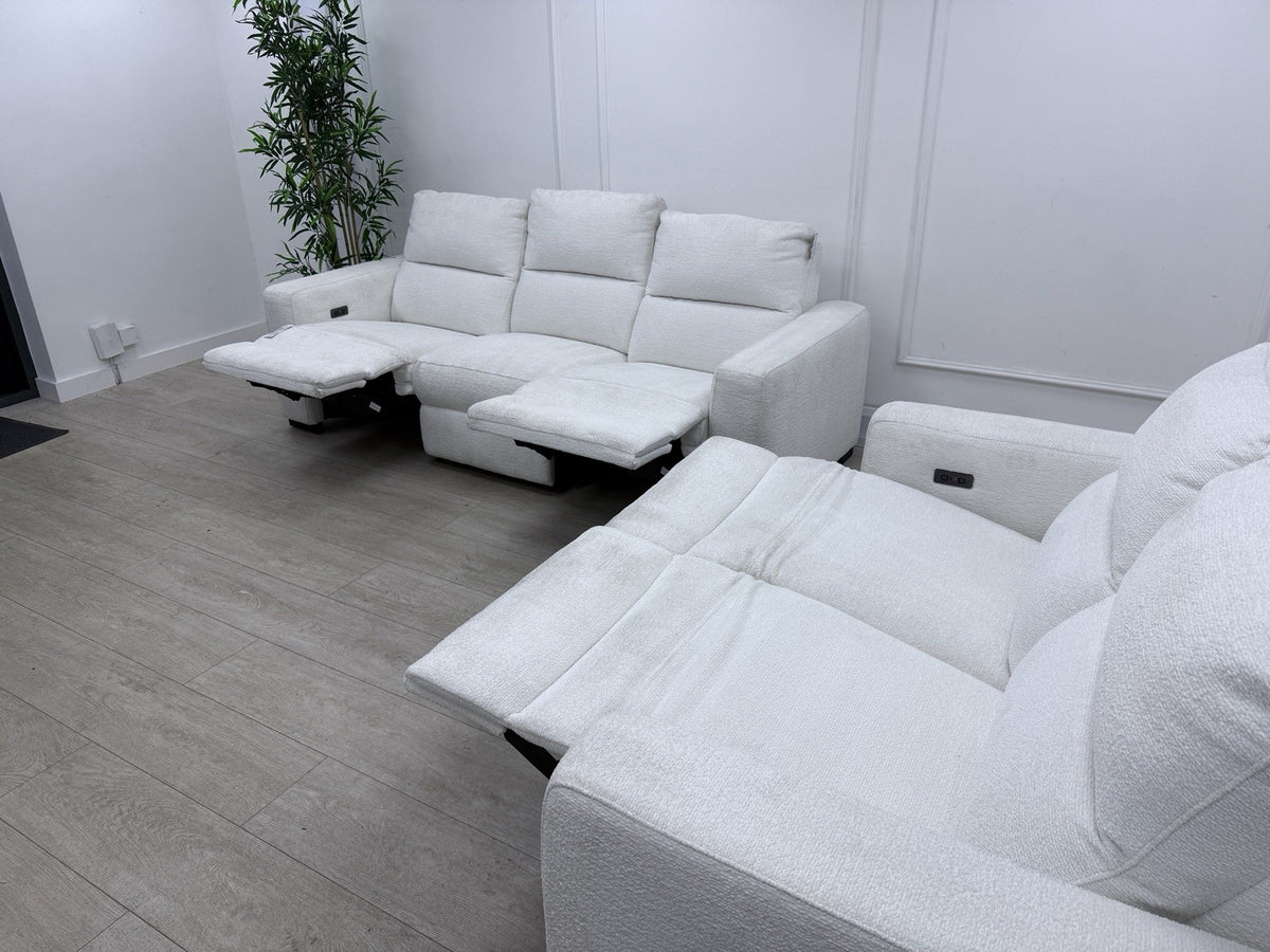 DFS Davis Power Recliner 3 & 2 Seater Sofa Set In Snow Fabric