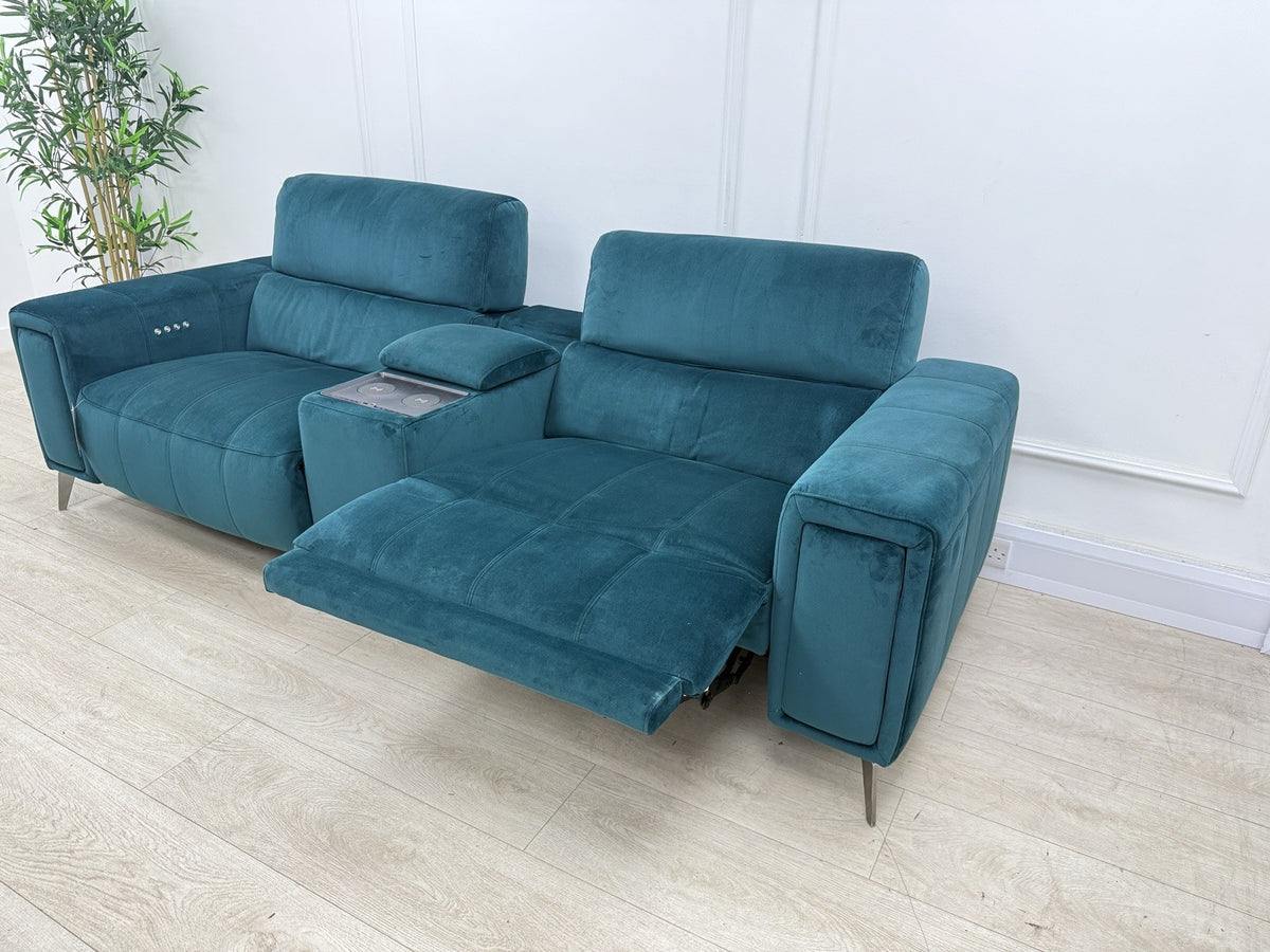 DFS Showcase 3 Seater Power Recliner Cinema Sofa In Teal Velvet Fabric