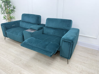 DFS Showcase 3 Seater Power Recliner Cinema Sofa In Teal Velvet Fabric