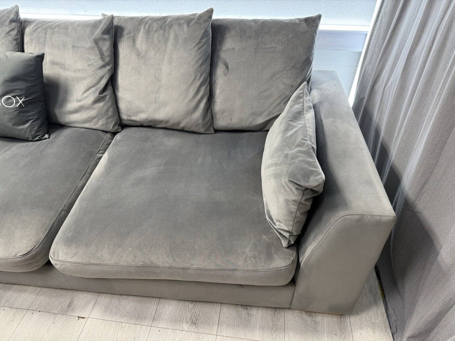 DFS Plush Velvet L Shape Sofa In Grey