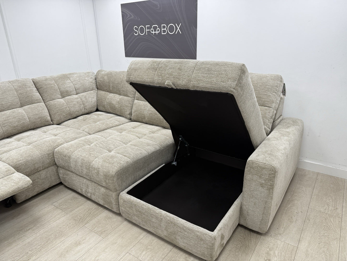 DFS Steller Power Recliner Corner Sofa In Nuova Taupe Fabric