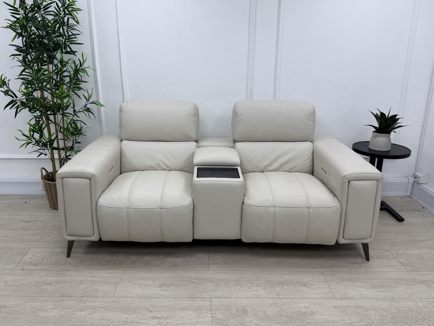 DFS Showcase 2 Seater Cinema Power Recliner Sofa With Console In Frost Leather