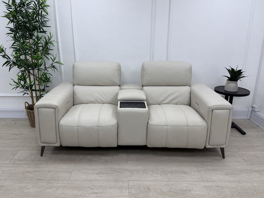 DFS Showcase 2 Seater Cinema Power Recliner Sofa With Console In Frost Leather