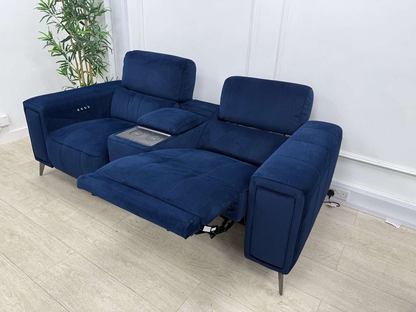 DFS Showcase 2 Seater Power Recliner Cinema Sofa In Blue Velvet Fabric