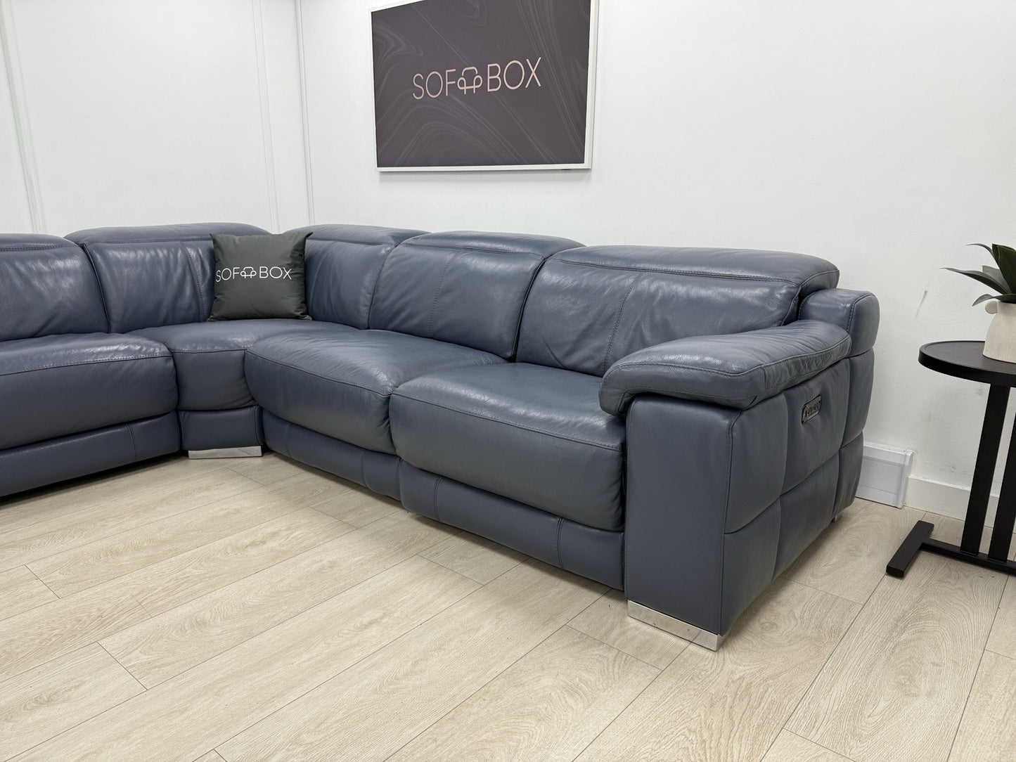 Sofology Laurence Power Recliner Corner Sofa In Smoke Blue Leather