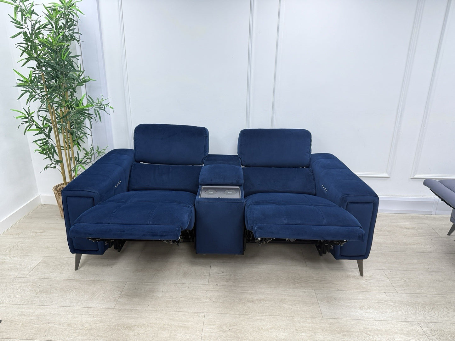 DFS Showcase 2 Seater Power Recliner Cinema Sofa In Blue Velvet Fabric