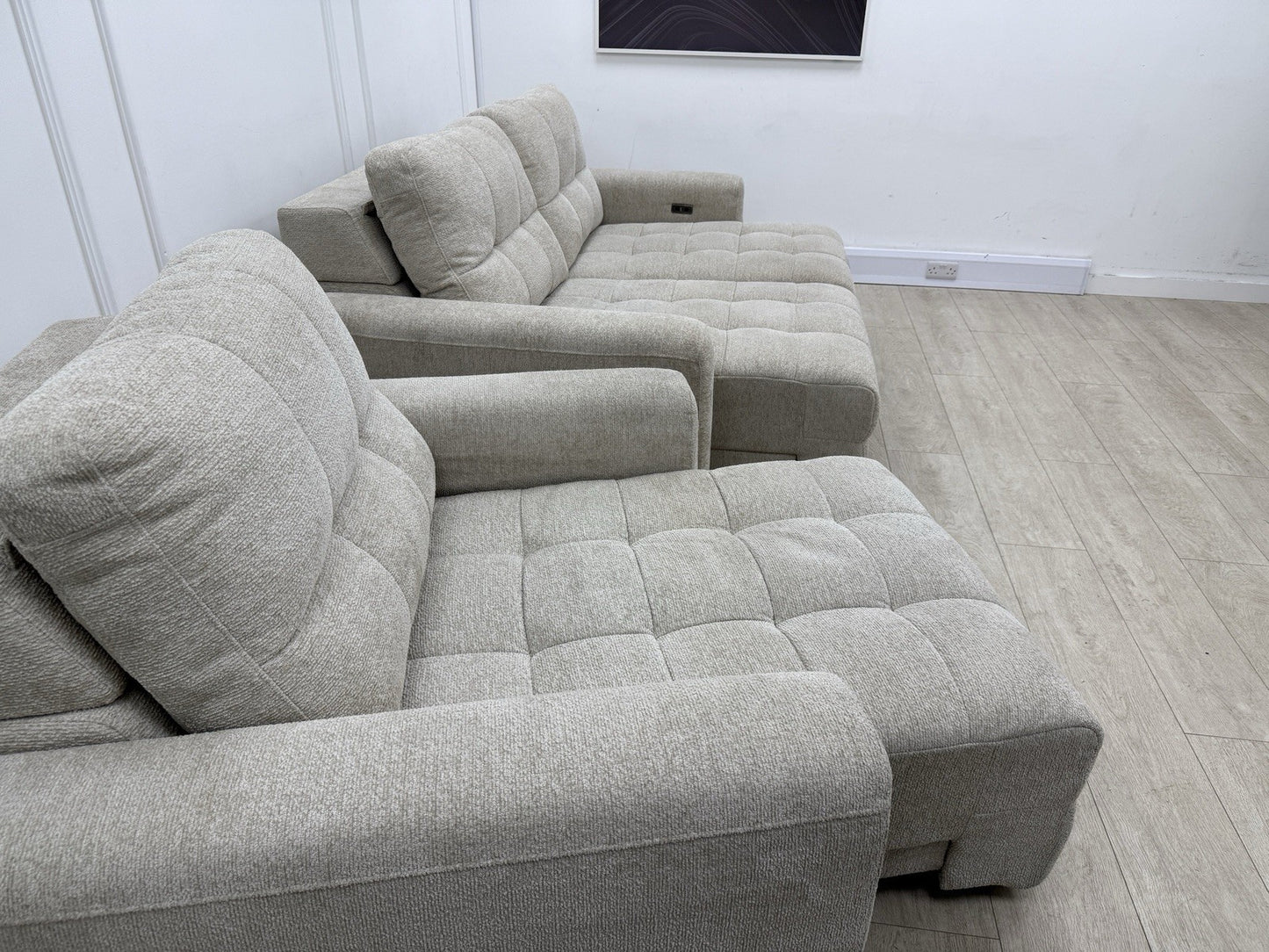 DFS Una Power Slider 3 Seater Sofa & Chair Set In Roma Oyster Fabric