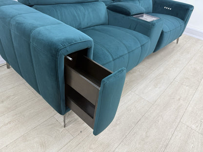 DFS Showcase 3 Seater Power Recliner Cinema Sofa In Teal Velvet Fabric