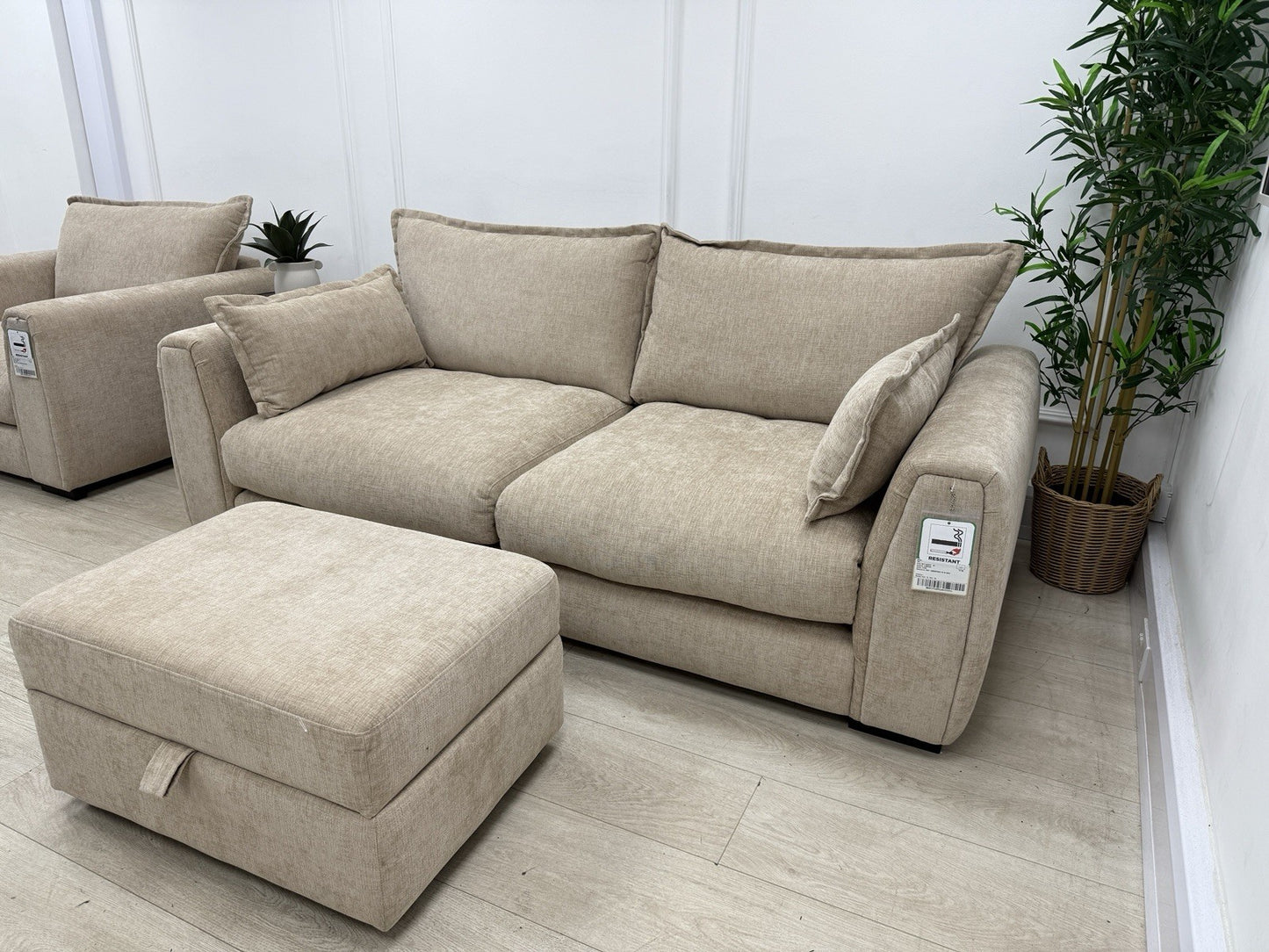 DFS Somerford 3 Seater Sofa, Armchair & Footstool In Mink Fabric