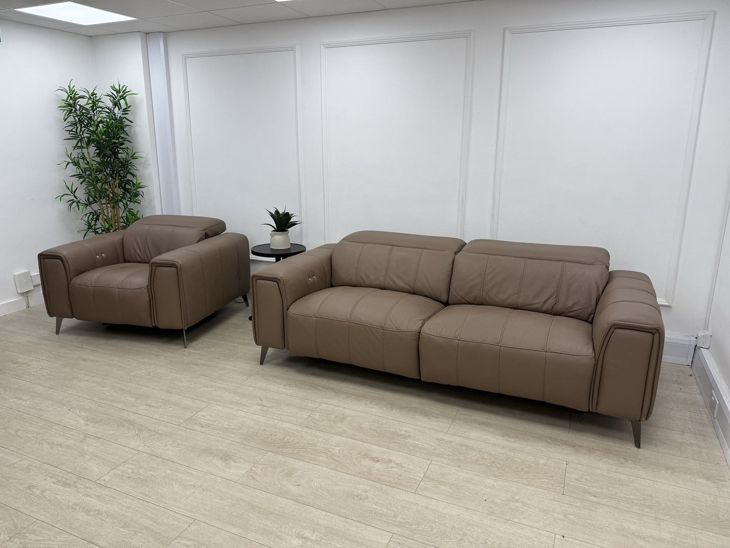 DFS Torren 3 Seater Power Recliner Sofa & Chair Set In Borelli Fawn Leather